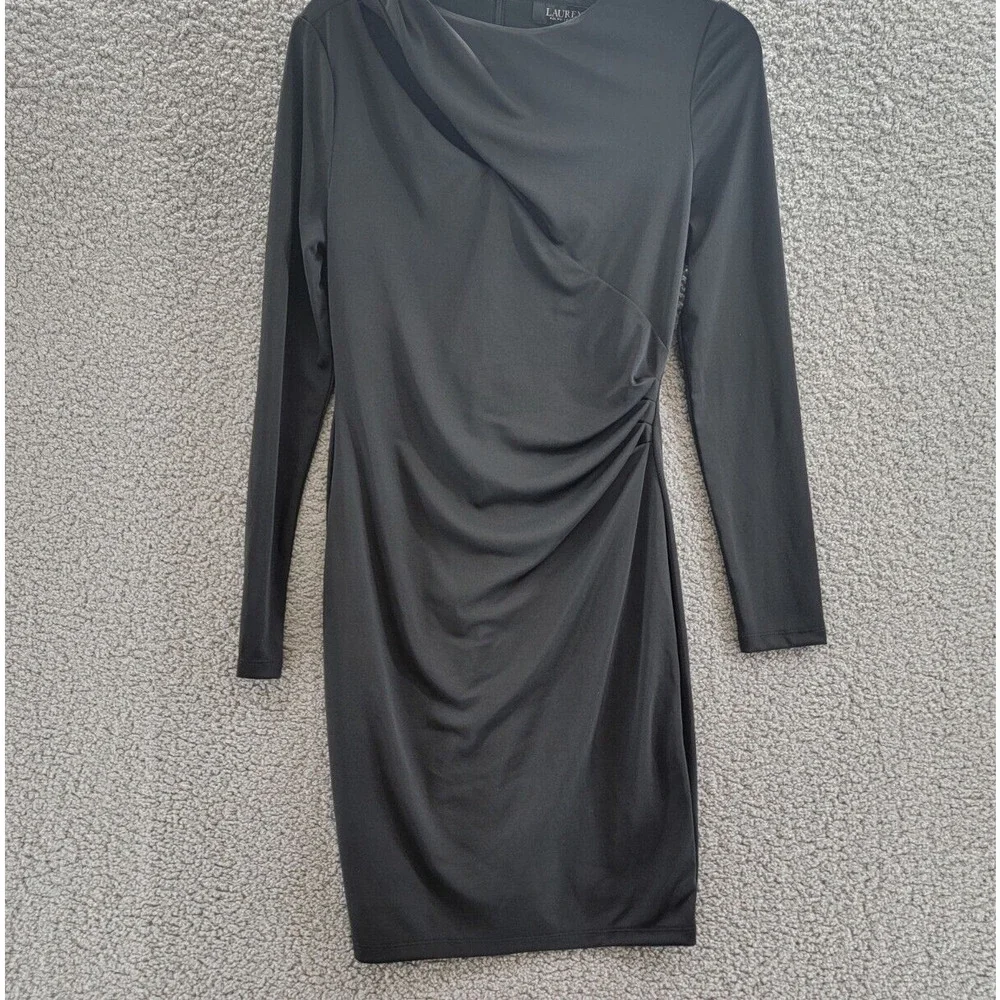 Lauren Ralph Lauren Pleated Stretch Jersey Cocktail Dress Women's 2 Black Zipped - Picture 2 of 15